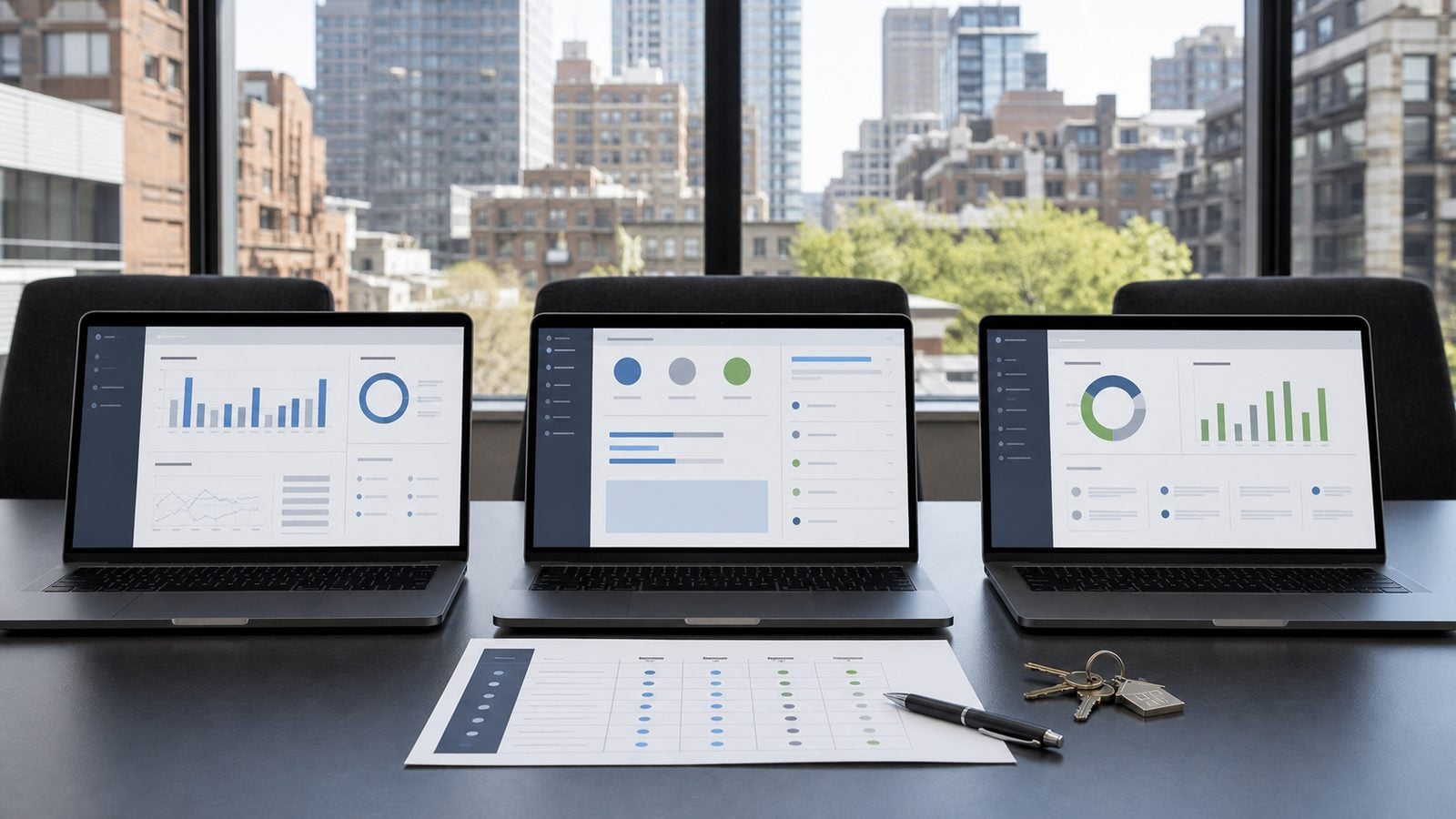 Three neutral software dashboards arranged for a fair property management comparison