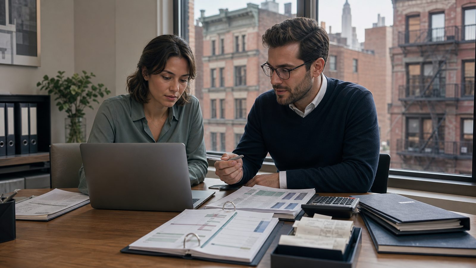 Property manager and accountant reviewing portfolio accounting records
