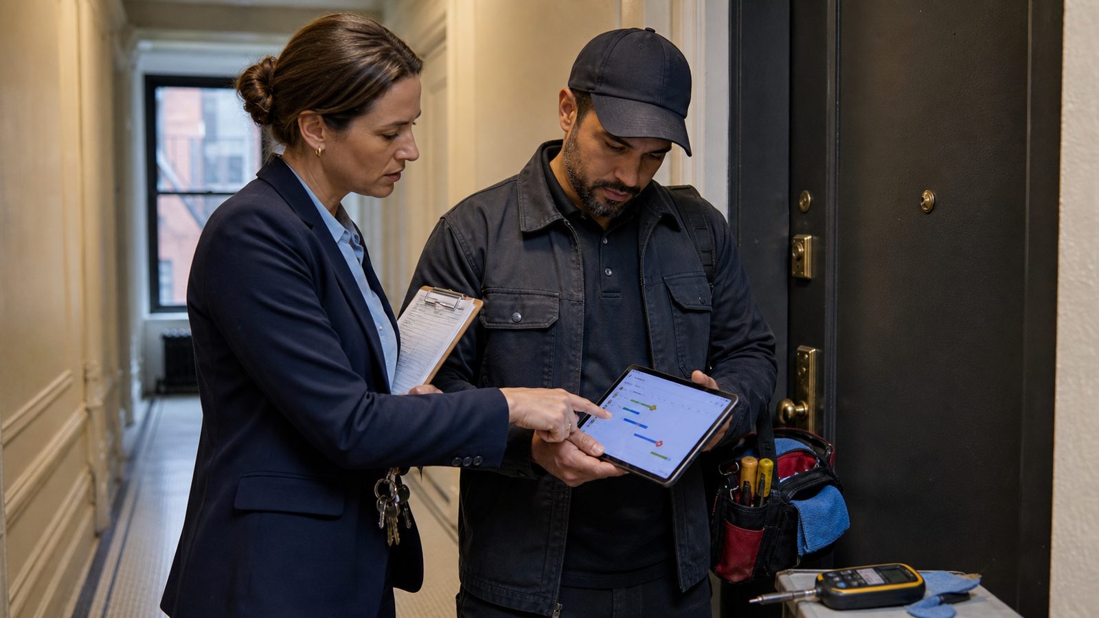 NYC property manager and maintenance technician reviewing a digital work order