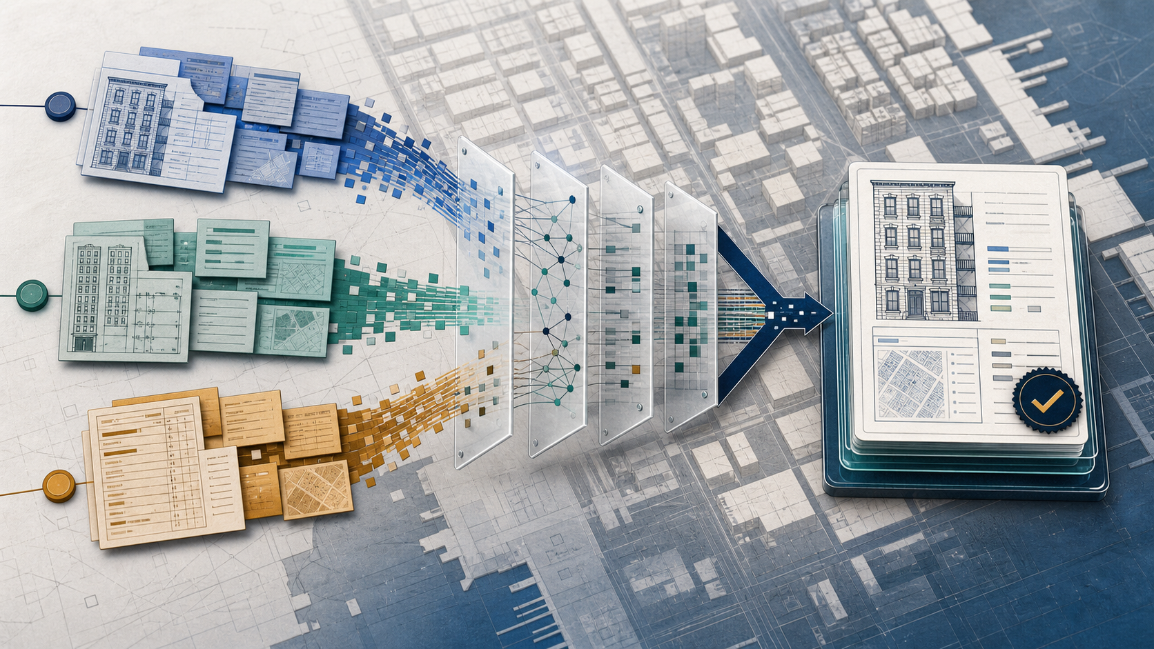 Municipal property records converging through a normalization pipeline into one organized NYC building record