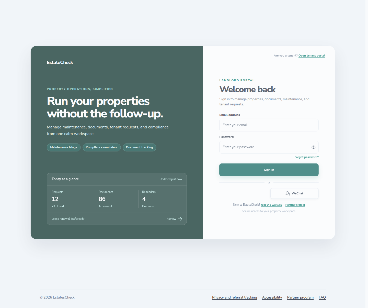 EstatesCheck landlord sign-in page.