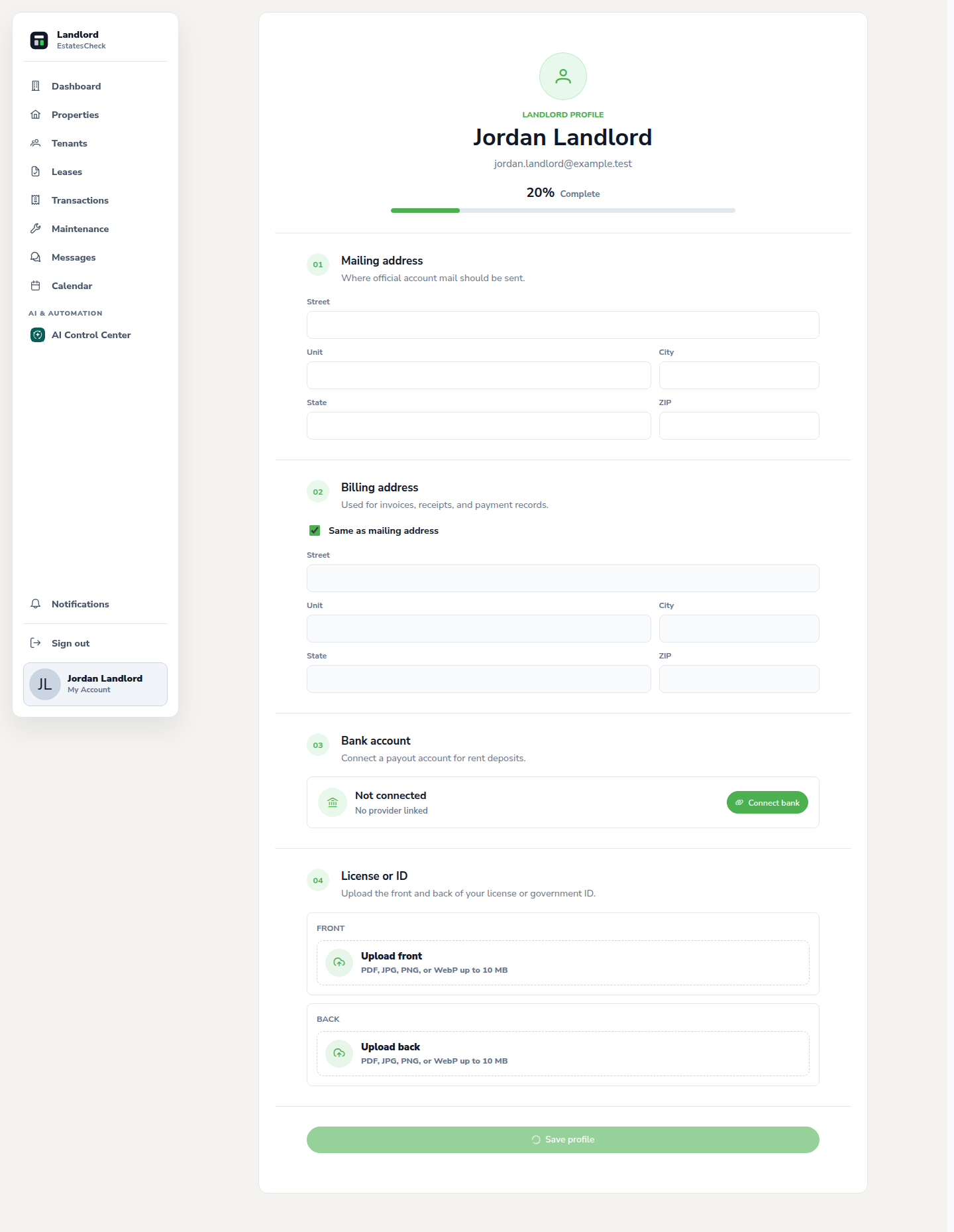 Landlord profile page filled with safe mock account information.