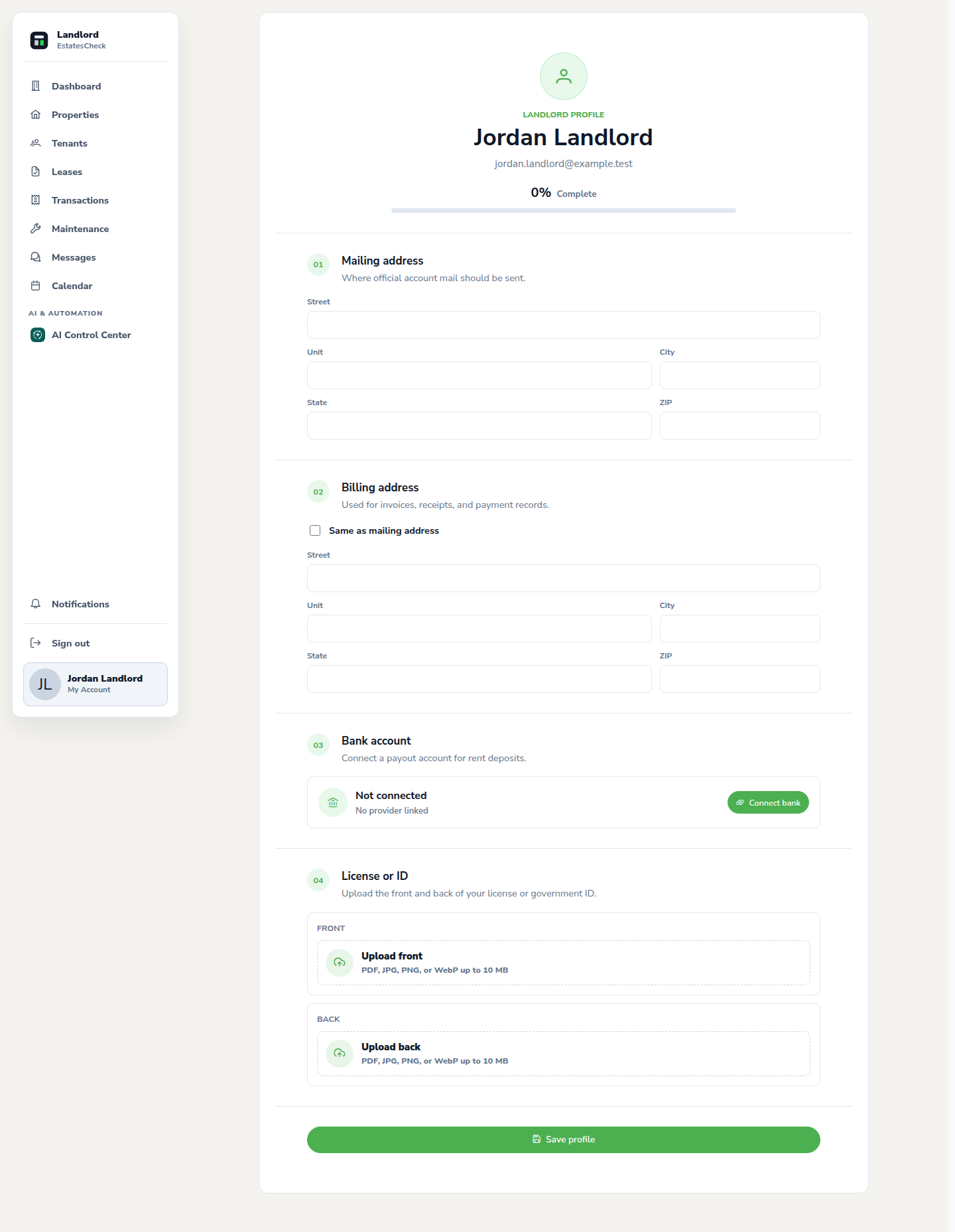 Landlord profile form with contact and mailing information fields.
