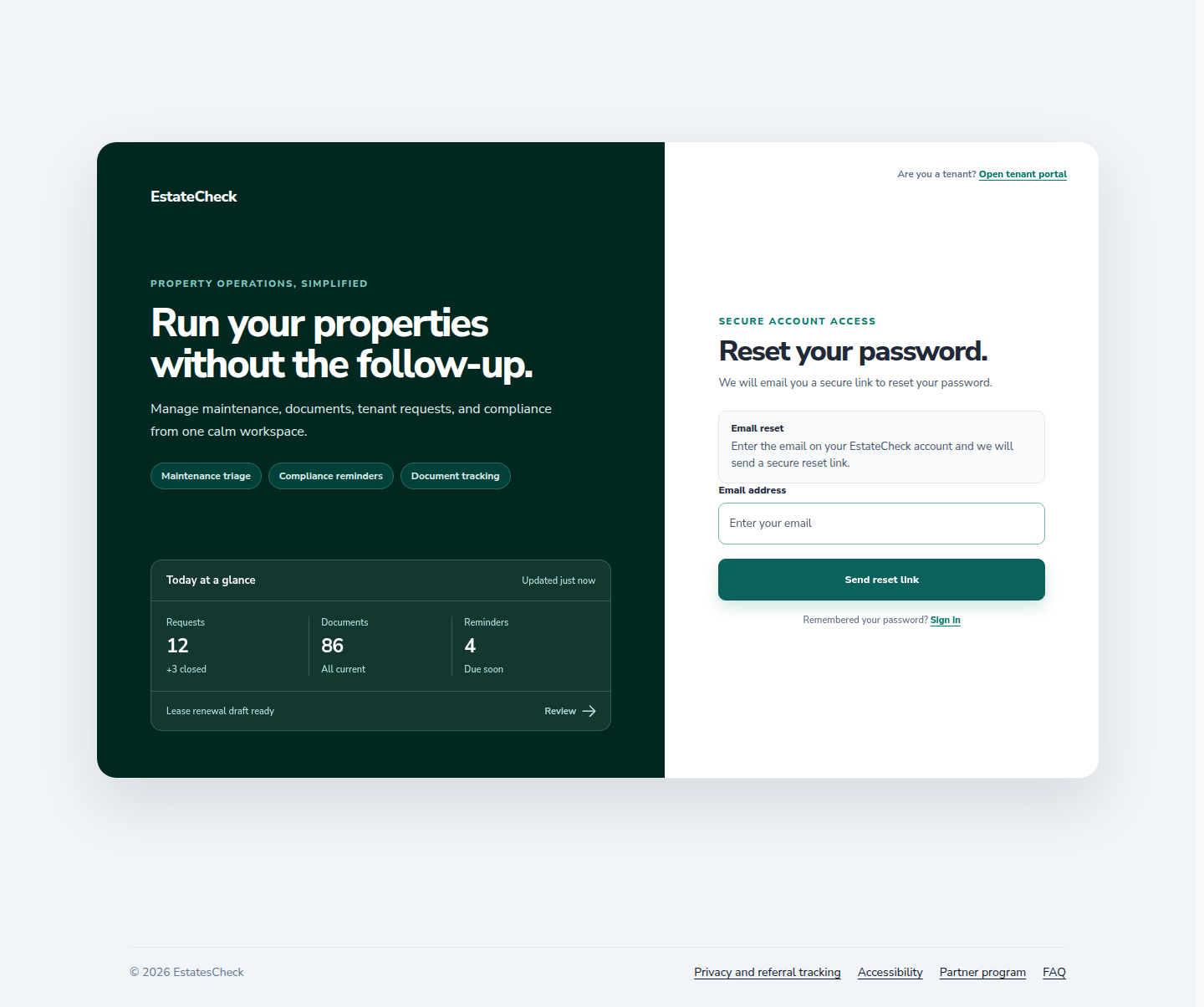 EstatesCheck landlord password reset request page.