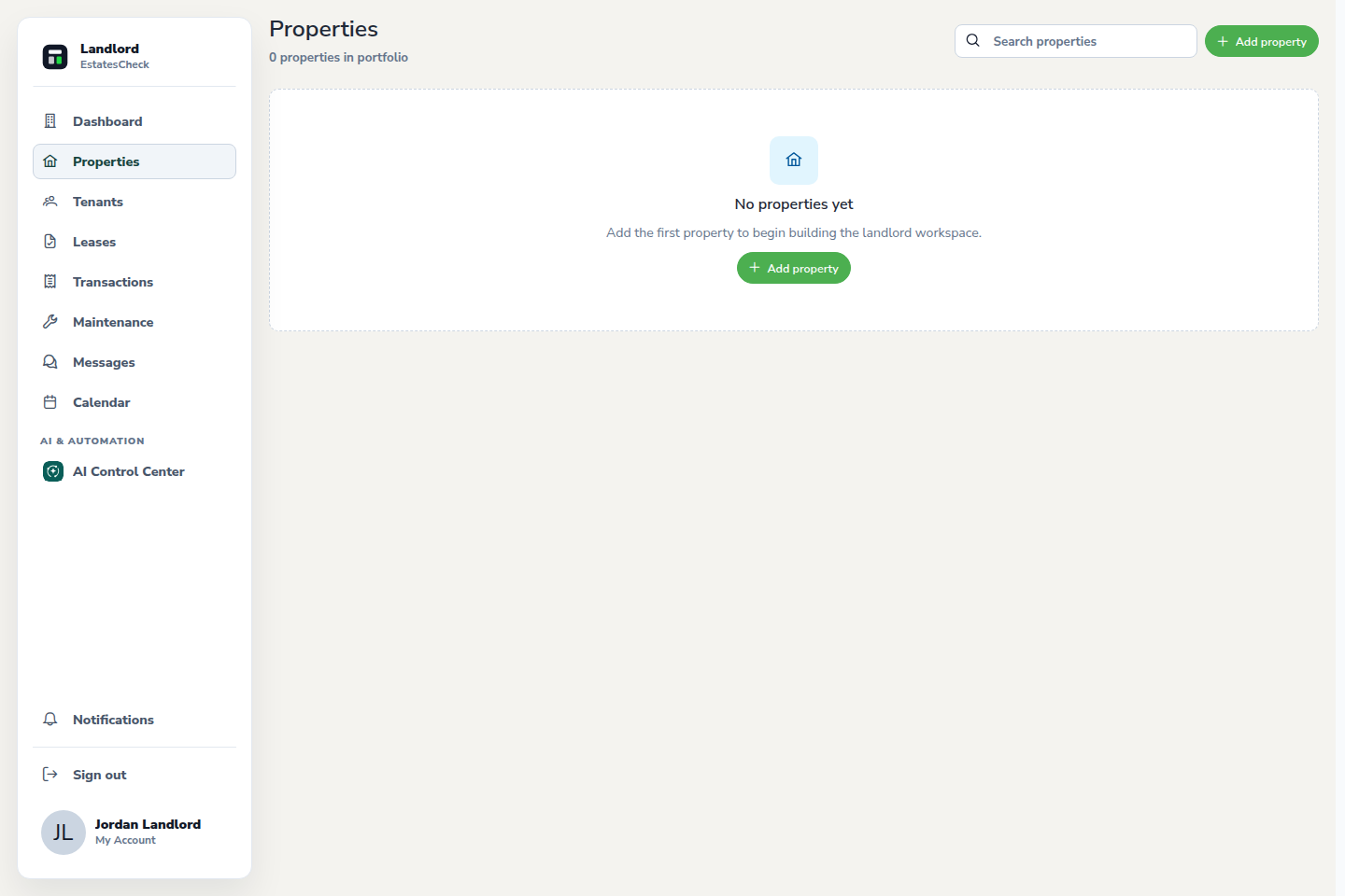 EstatesCheck Properties page with the Add property action.