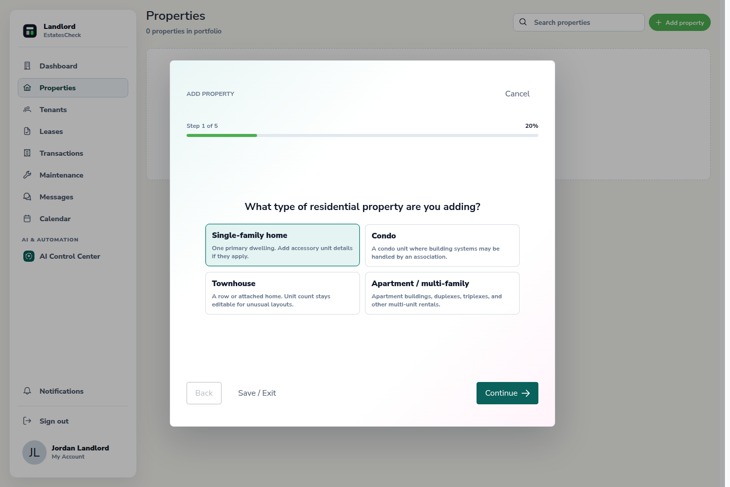 Property intake dialog showing residential property type choices.