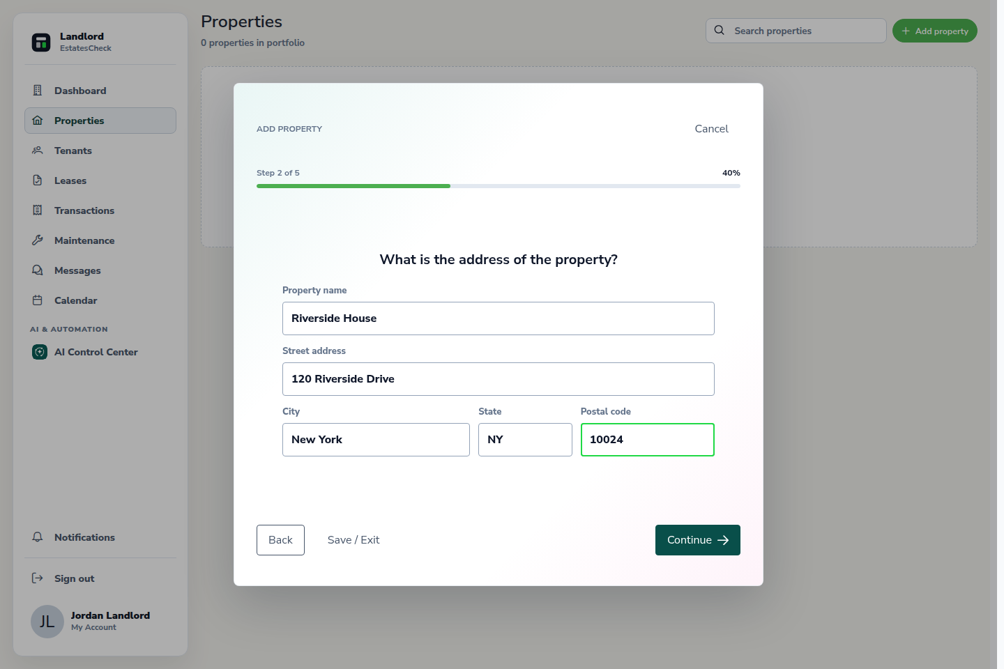 Property intake form filled with a safe sample property name and address.