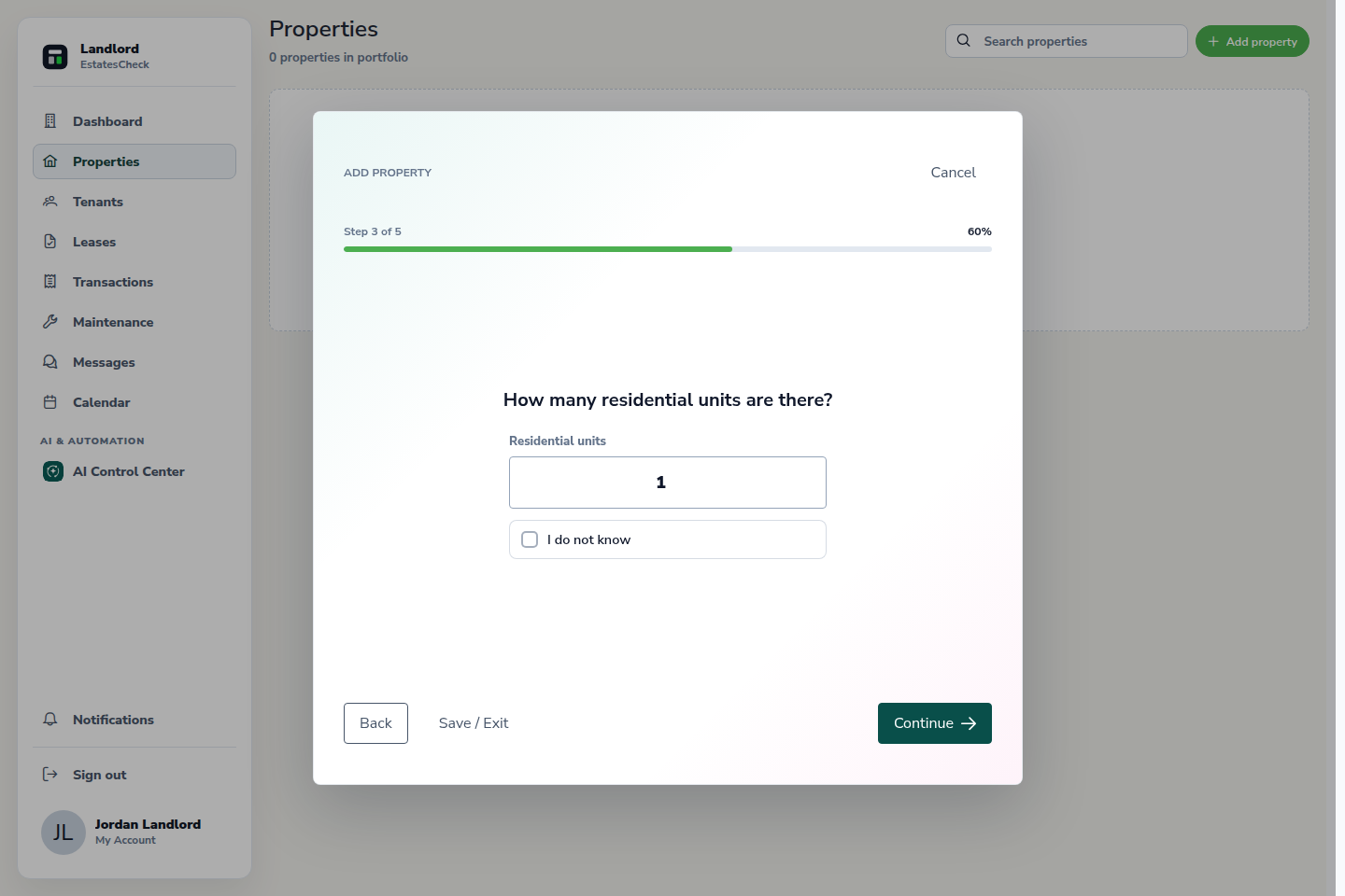 Property intake dialog asking for the number of residential units.