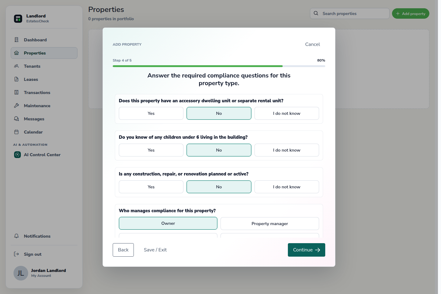 Property intake compliance questions completed with safe mock answers.