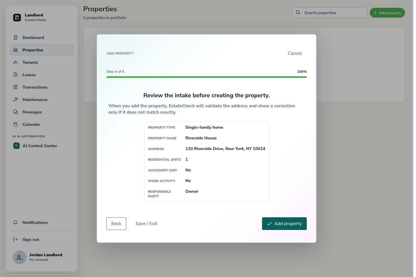 Completed property intake review for a safe sample rental property.