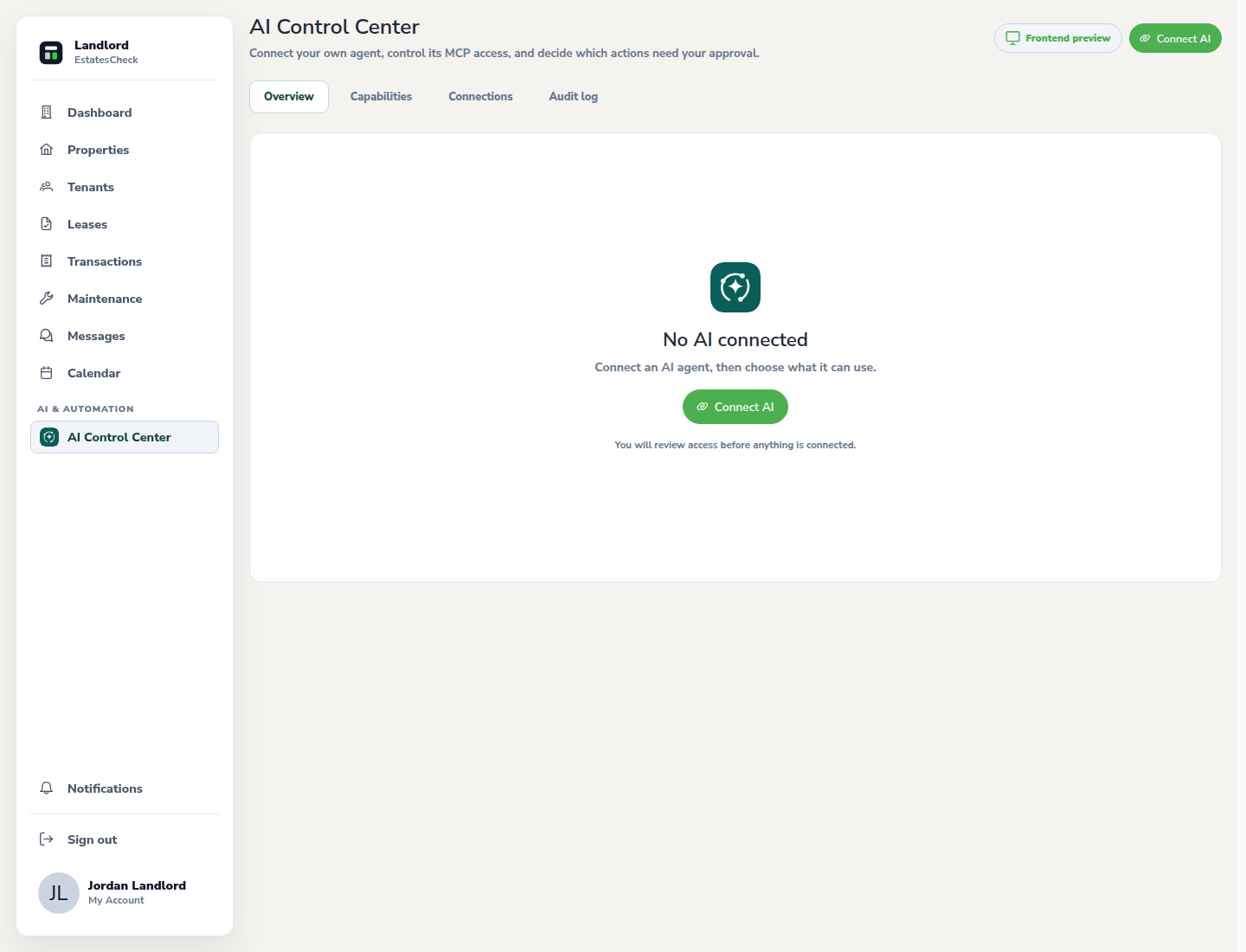 AI Control Center with a safe mock connected client and permission tabs.