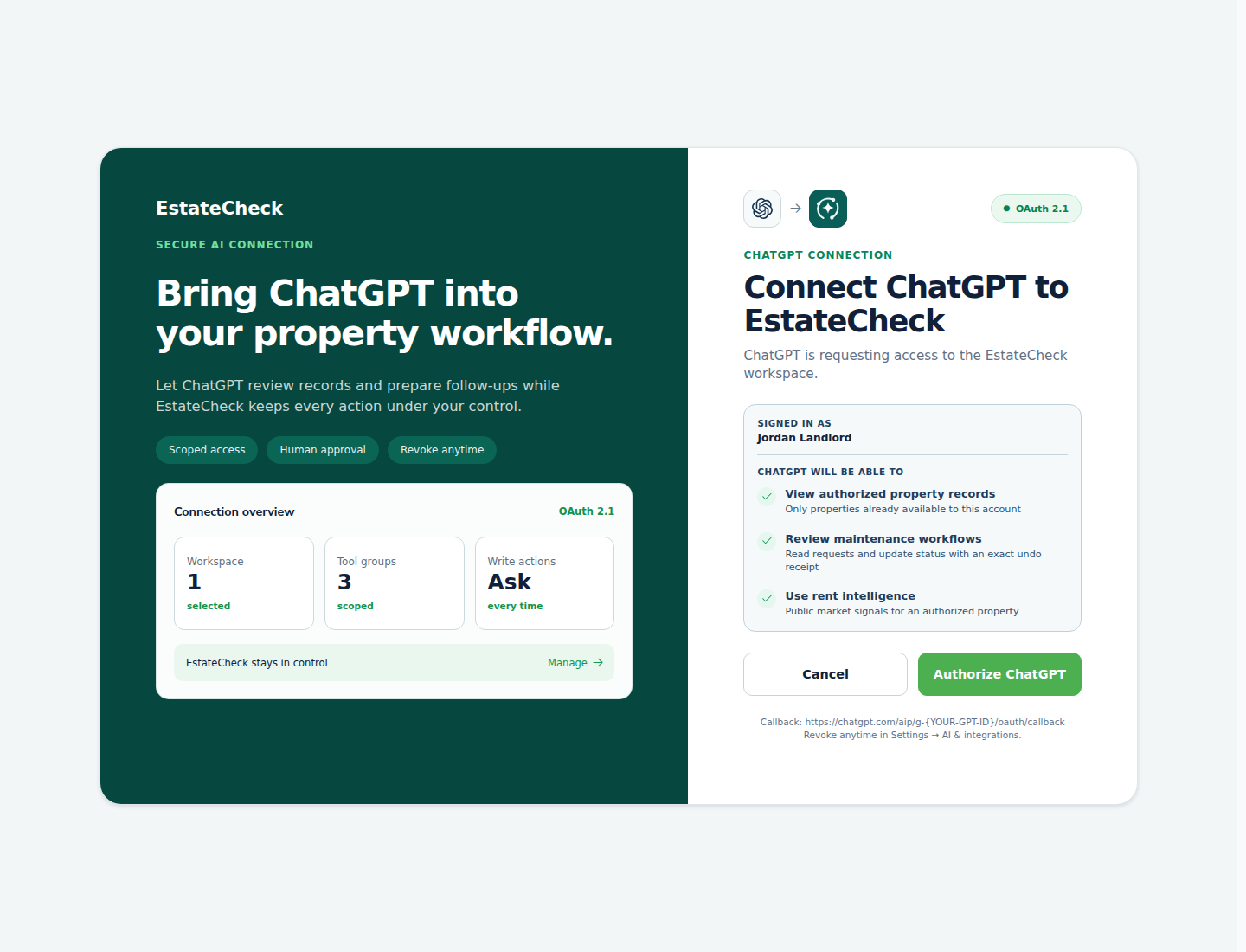 AI connection page showing the client and authorization context to review.