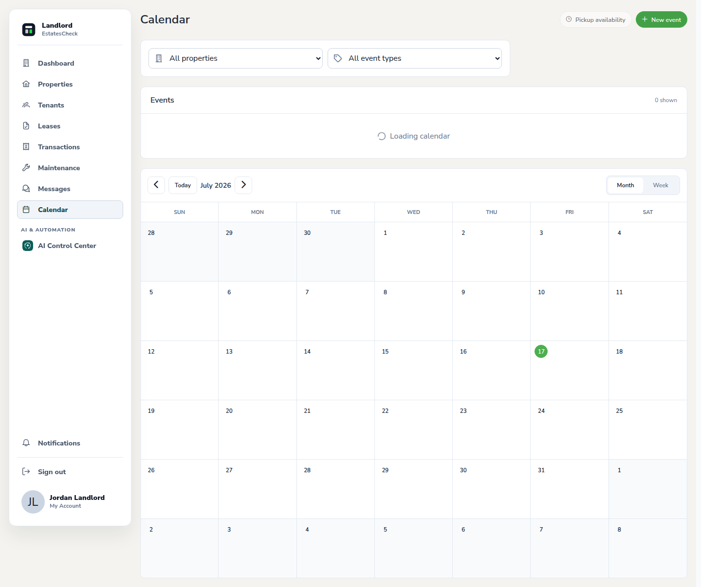 Landlord property calendar with safe sample events.
