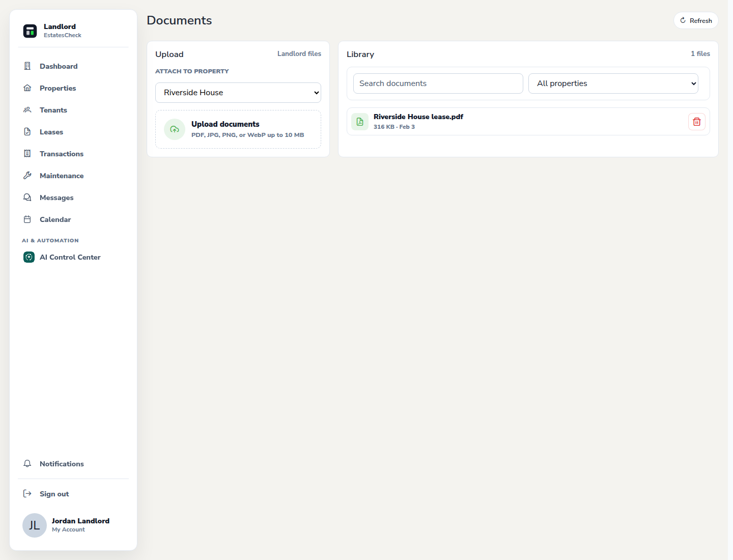 Document upload area with a safe sample property selection.