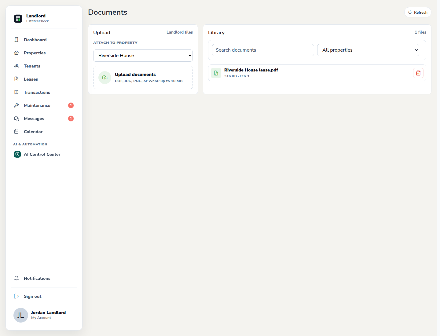 Landlord document library with property filtering and a sample rental file.