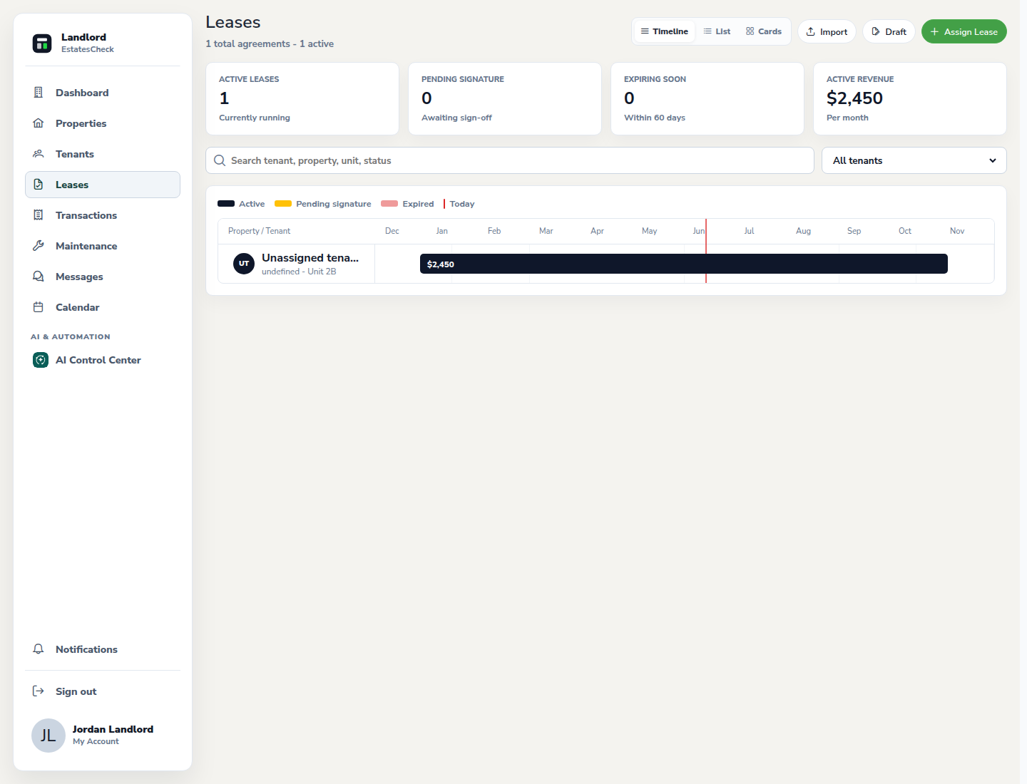 Landlord lease workspace showing safe sample lease records.