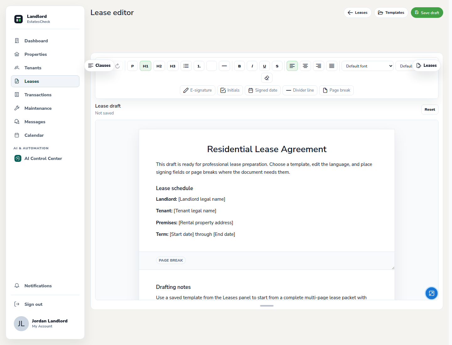 EstateCheck lease editor showing a residential lease draft and review controls
