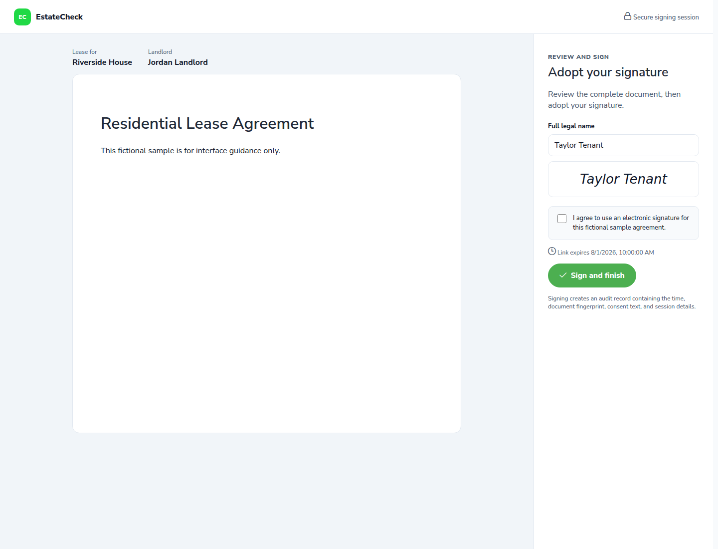 Lease review and signing page with safe mock agreement data.
