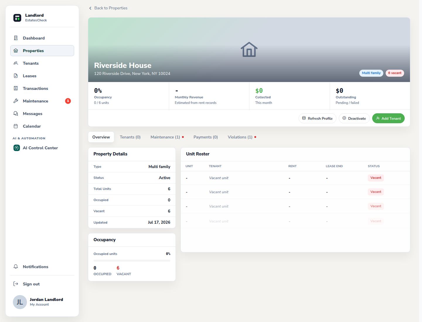 Property workspace showing the property status controls.