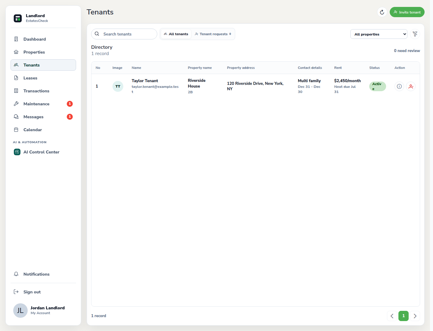 Landlord tenant directory with safe sample tenant data.