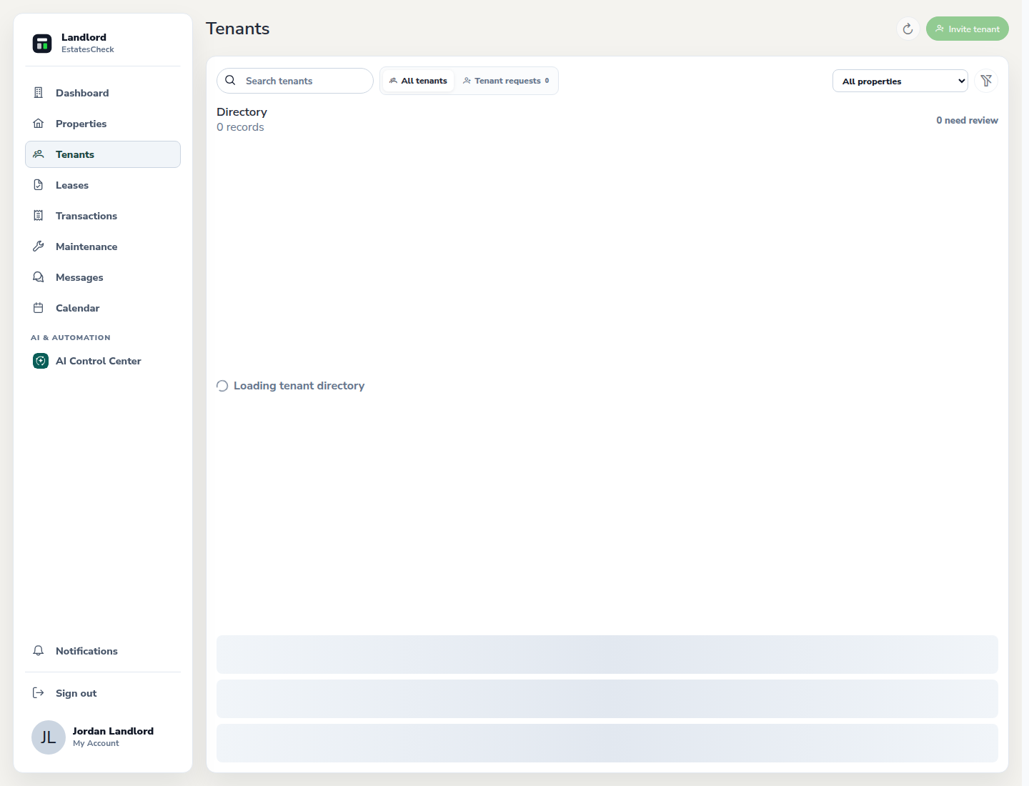 Tenant invitation form showing property and unit assignment controls.