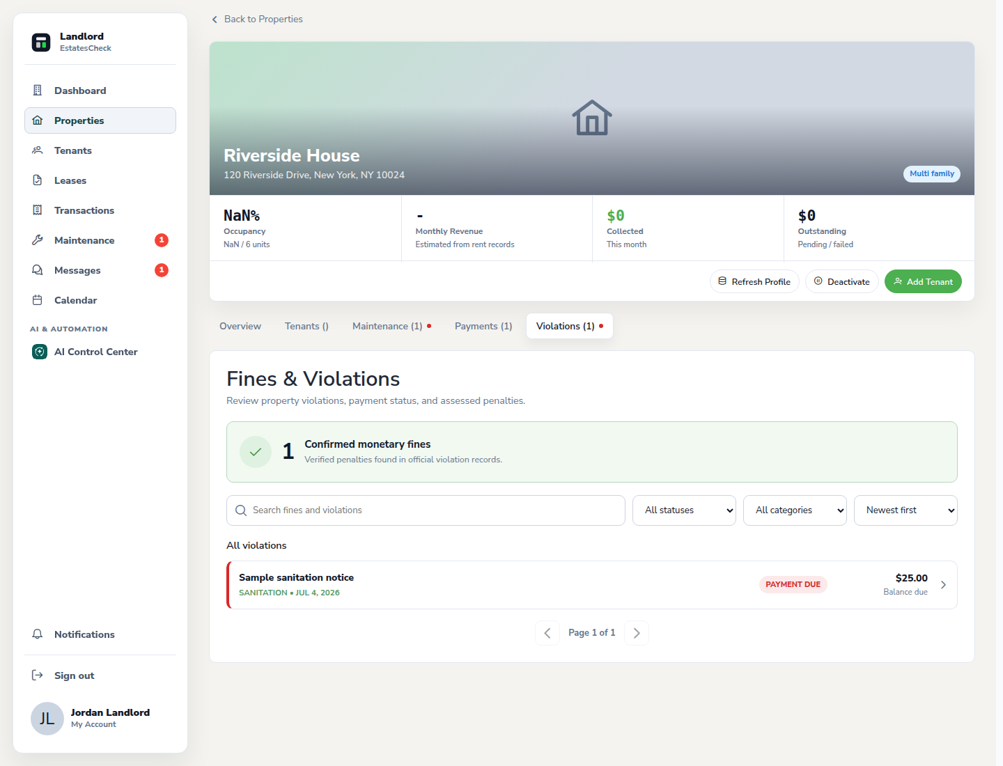 Expanded fine or violation record details in the property workspace.