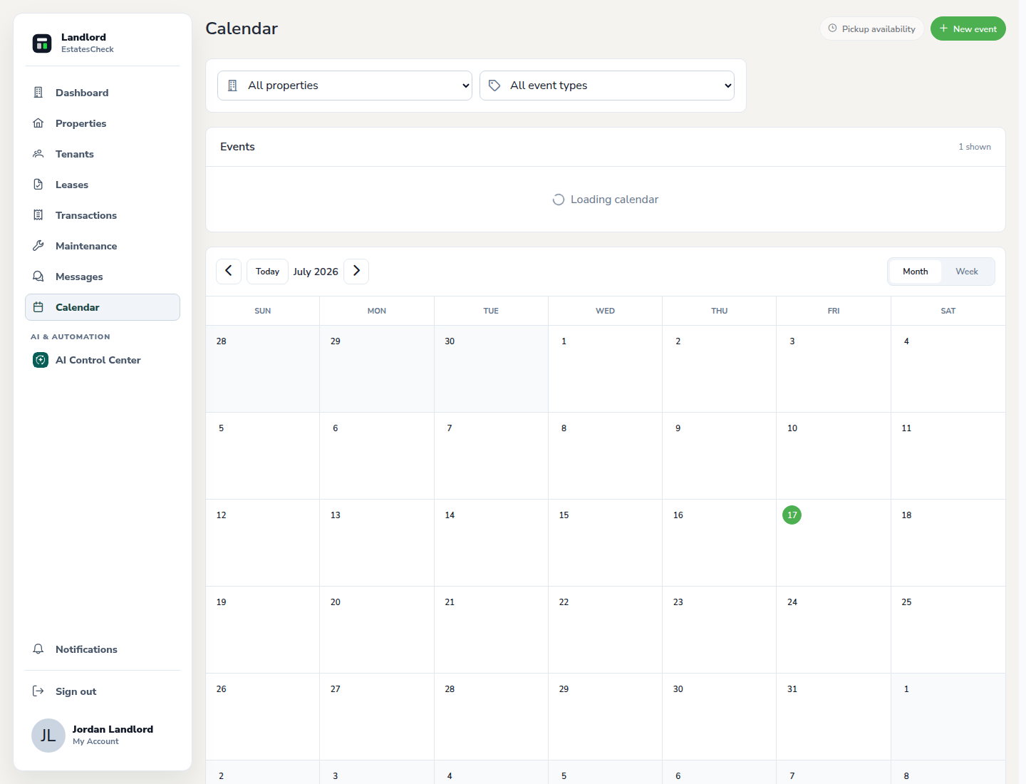 Landlord calendar pickup availability form with safe sample times.