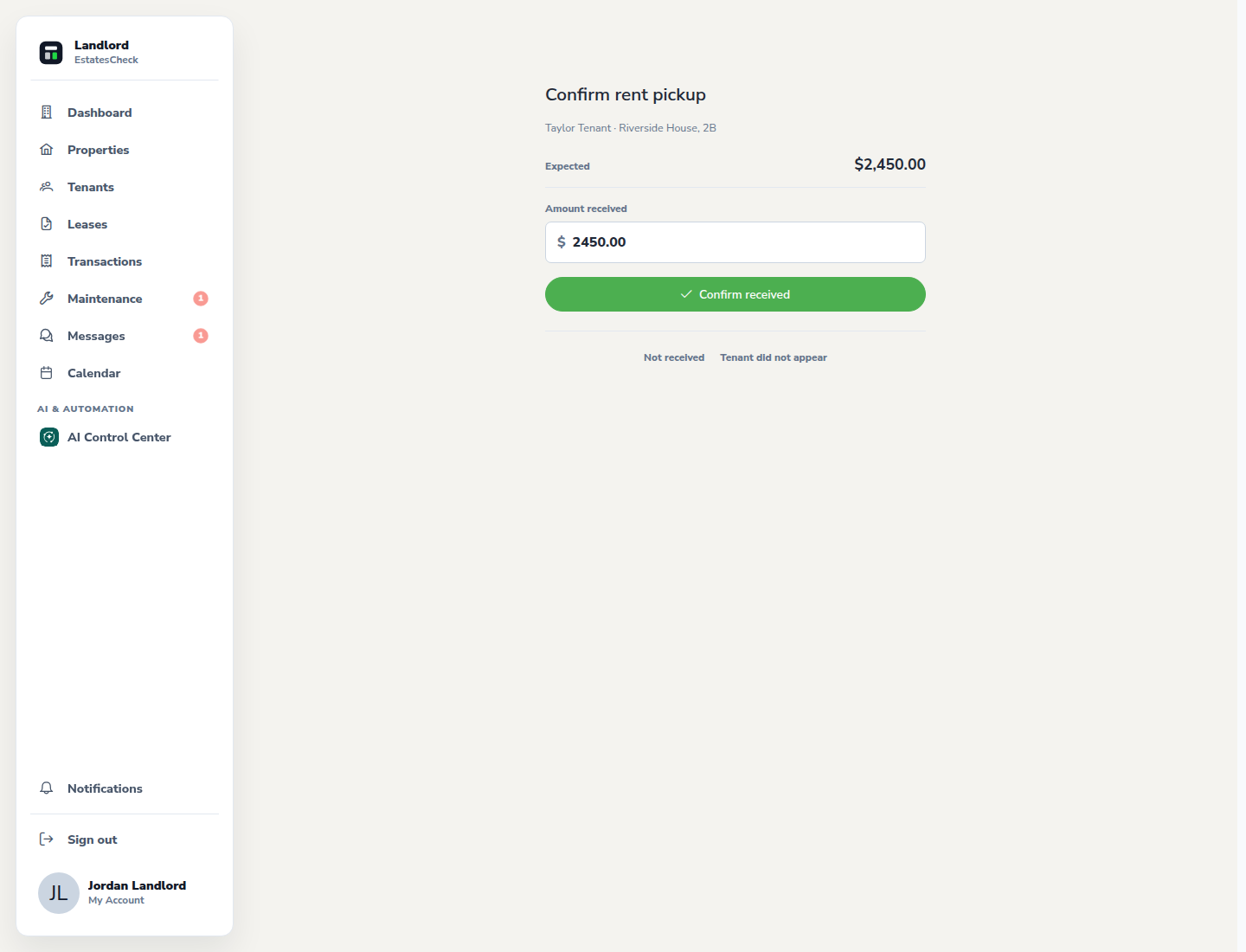 Rent pickup confirmation page used after independently verifying the exchange.