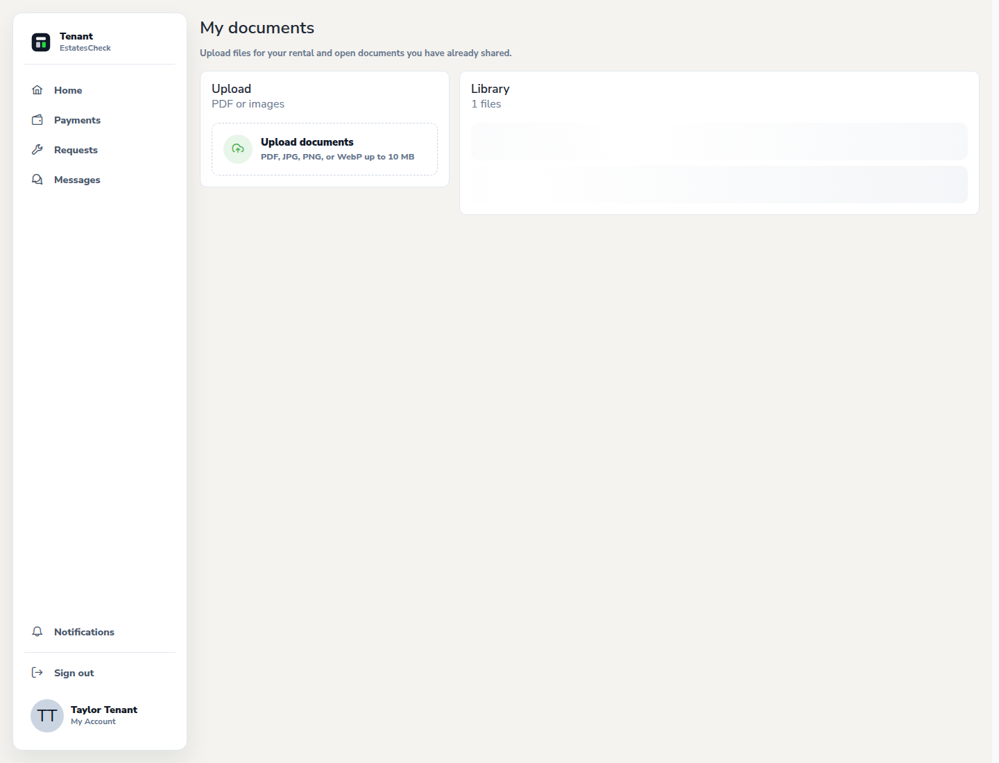 Tenant Documents page with safe sample rental files.