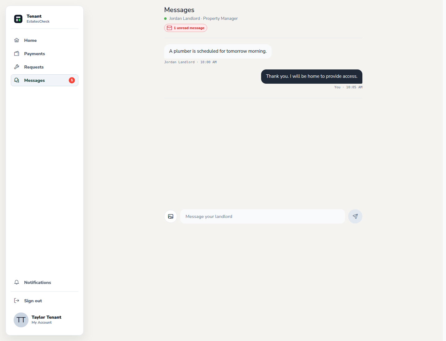 Tenant Messages thread showing the existing conversation context.
