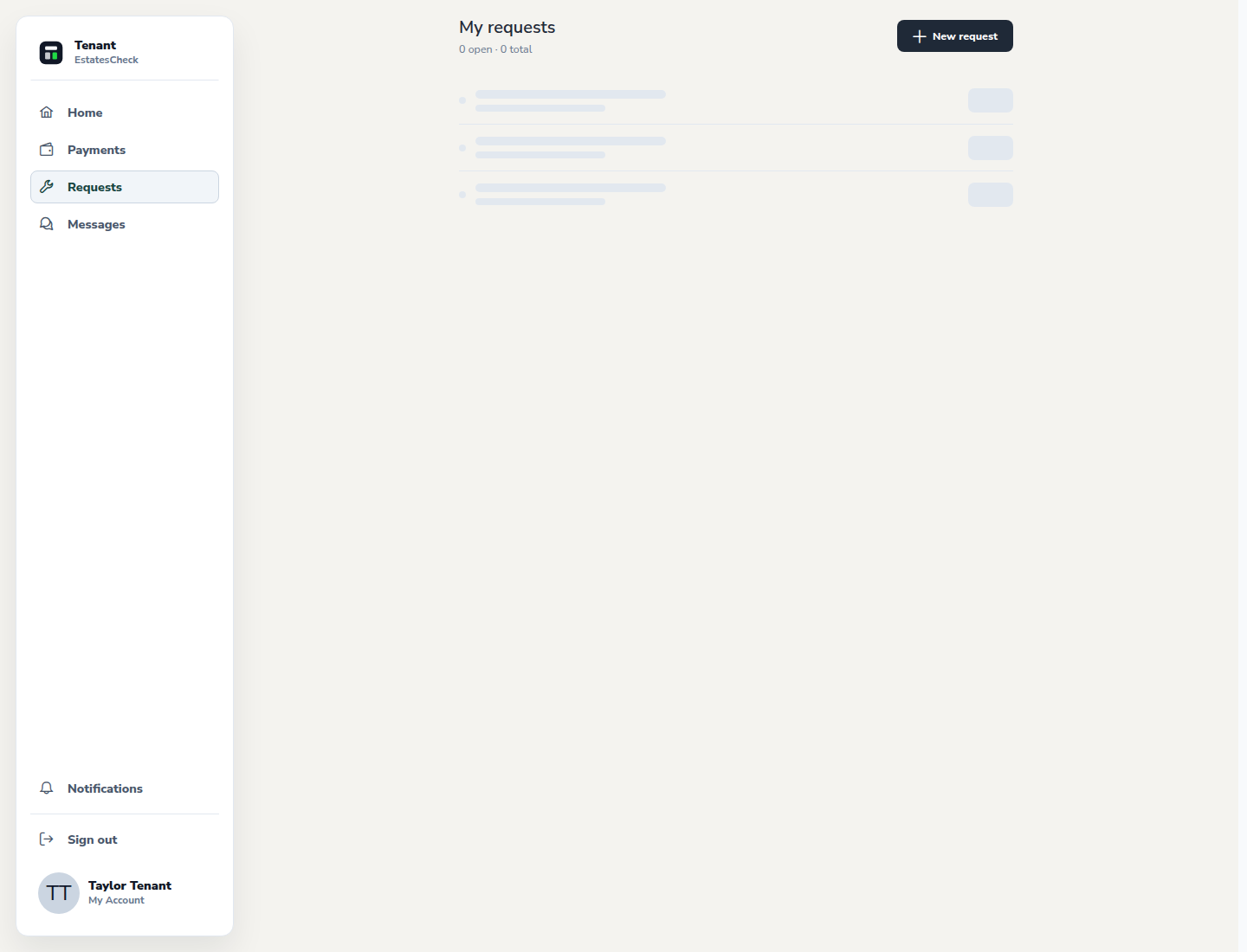 Tenant maintenance requests page with safe sample issues.