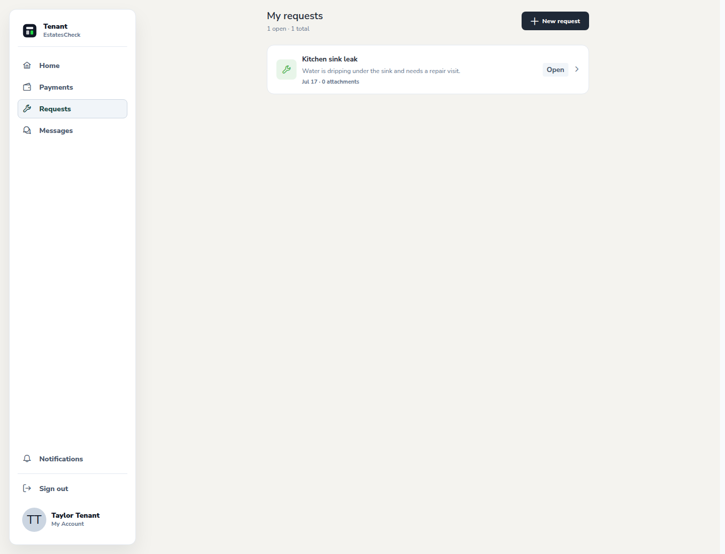 Tenant Requests page showing maintenance status and activity to follow.