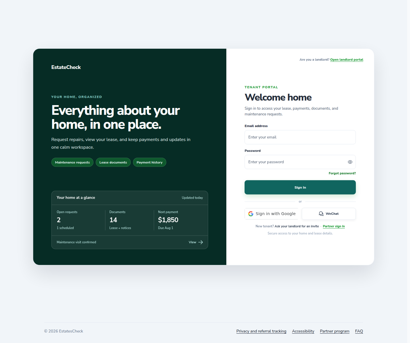 EstatesCheck tenant sign-in page.