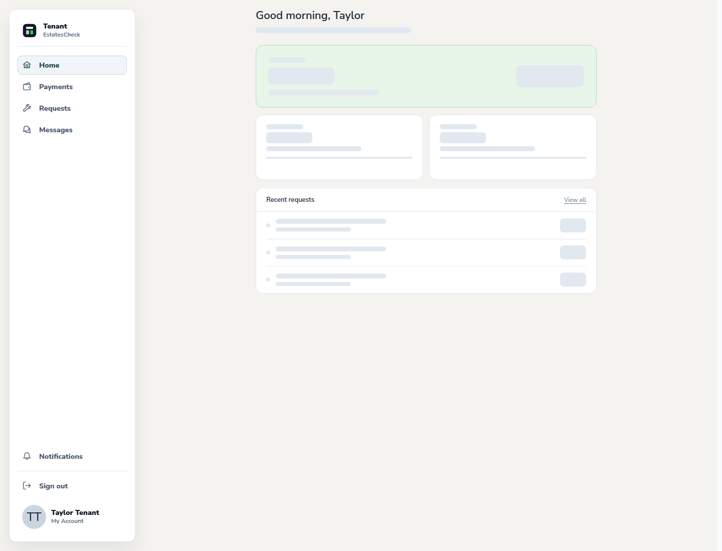 Tenant dashboard with safe mock rental information.