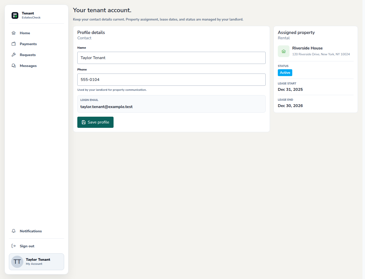 Tenant profile page with safe mock contact information.