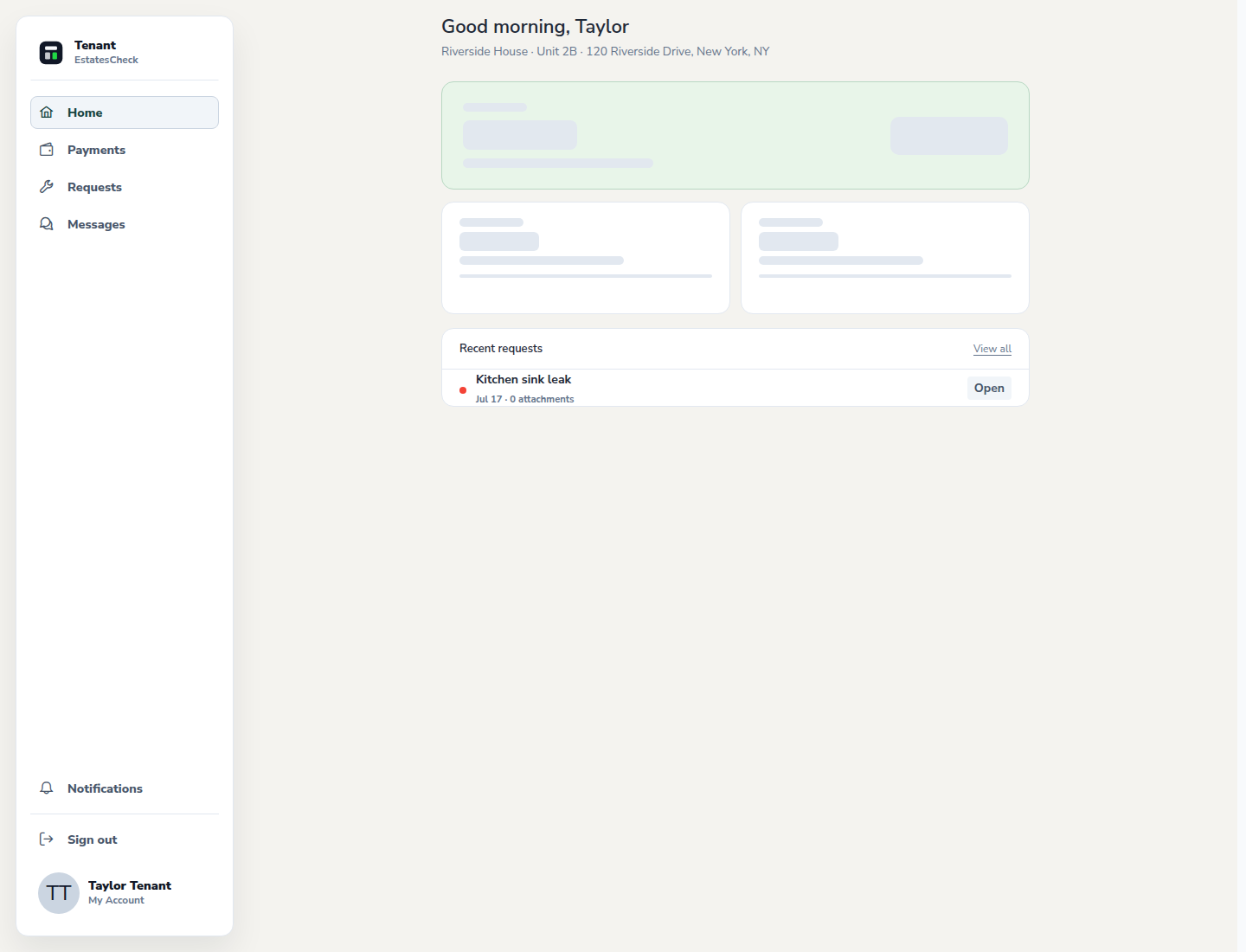 Tenant dashboard and navigation for payments, requests, messages, and documents.