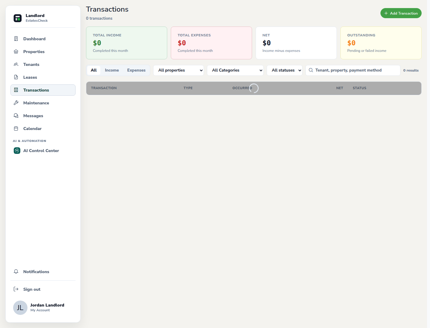 Landlord transaction workspace with safe sample rent records.